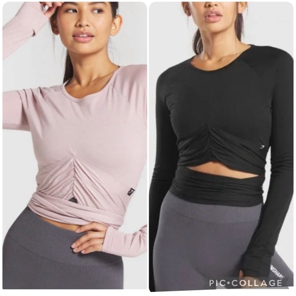 Gymshark Tops - 2 pieces GymShark Small Power Down Pink black Crop Top Long Sleeve Tie Wrap